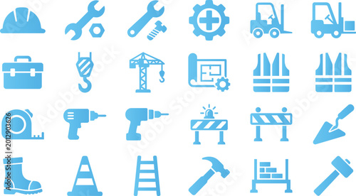 Foto Set of blue construction and industrial safety equipment icons for building and manual labor