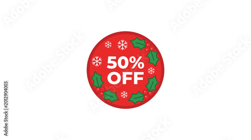 A red circular discount badge with 50 percent off text surrounded by snowflakes and holly leaves on a white background