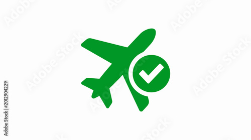 Airplane icon with green check mark symbol approved flight travel transportation concept on white background.