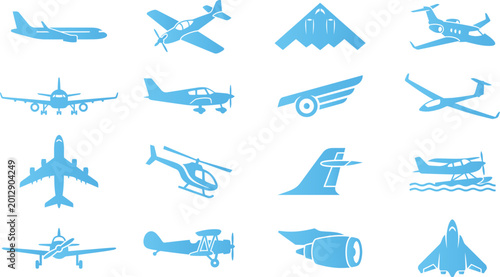 Foto Aircraft icons including airplanes, helicopters, jets and propellers
