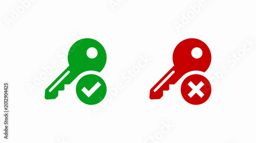 Key icon green check mark and red x mark symbol for access granted and denied on white background.