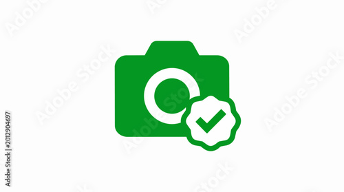 Camera with check mark icon, photo allowed symbol, approved photography, camera icon with confirmation badge.