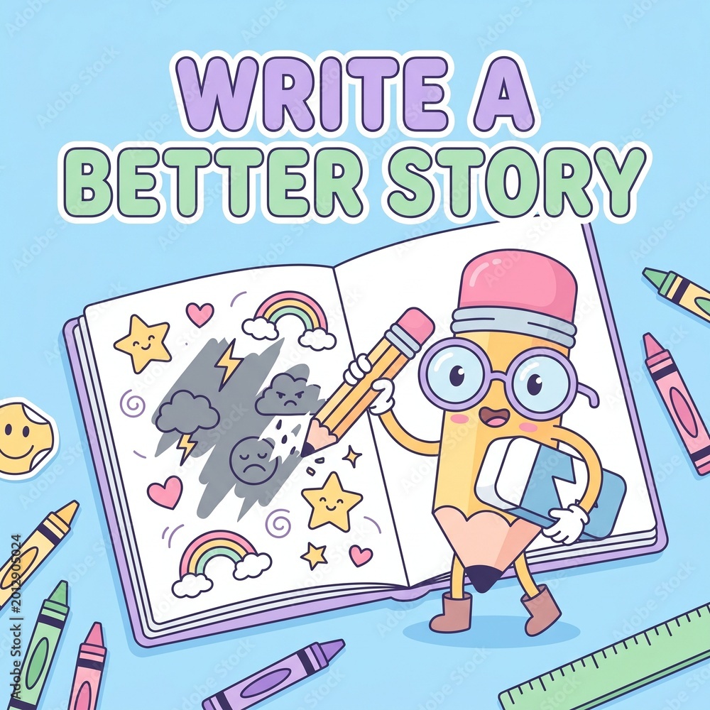 Obraz premium Child writing story in open notebook with creative doodles and colorful pencils