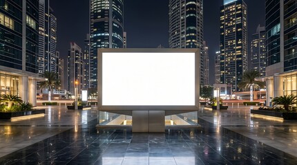 A large blank billboard stands prominently in a modern city square at night surrounded by tall buildings and illuminated walkways with people.