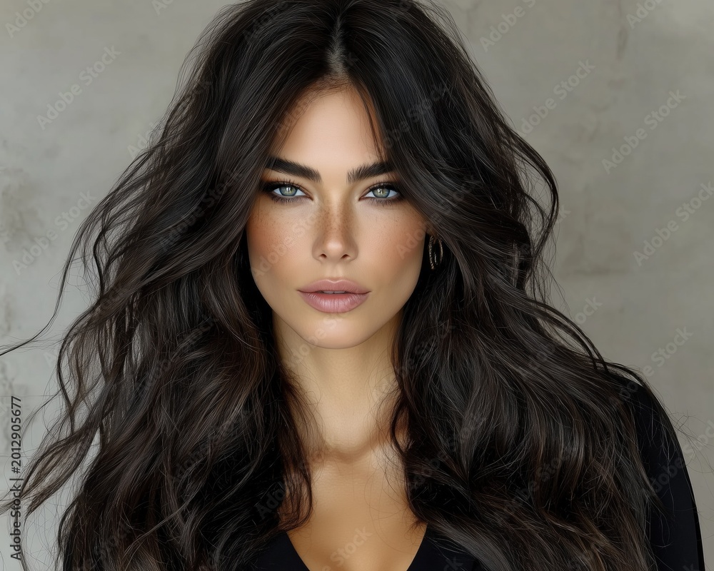 Naklejka premium Natural Beauty Portrait of Woman with Long Dark Hair