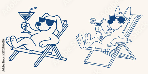 Quadro su tela Relaxing dog with cocktail in deck chair blue line drawing