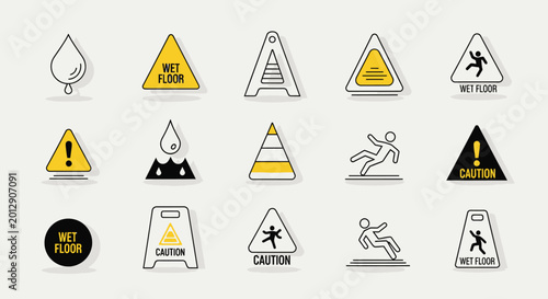 Collection of yellow caution and warning signs including wet floor and falling object, on a light grey background.