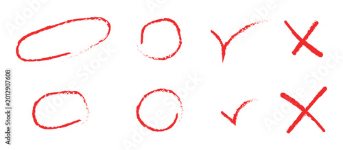 Foto Hand drawn red marker marks set including circles check marks and crosses for grading and correction