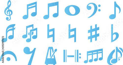 Photography Music notes and symbols icons set graphic blue vector illustration isolated on white background