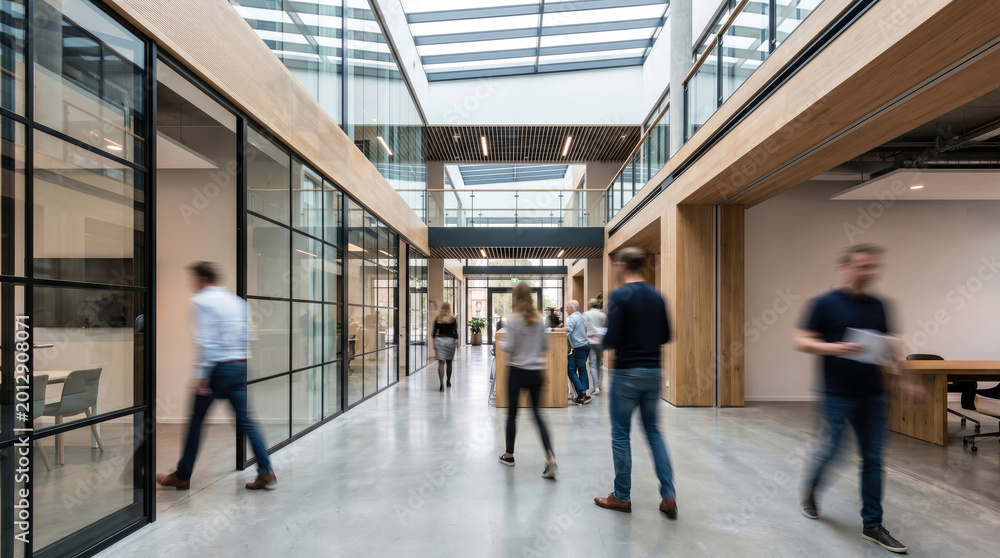 Fototapeta premium Busy modern office interior with employees moving through a bright, open space.
