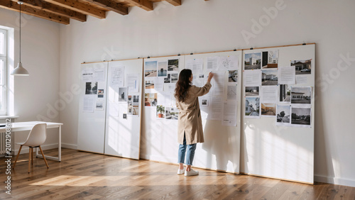 Woman pinning architectural images to a large board