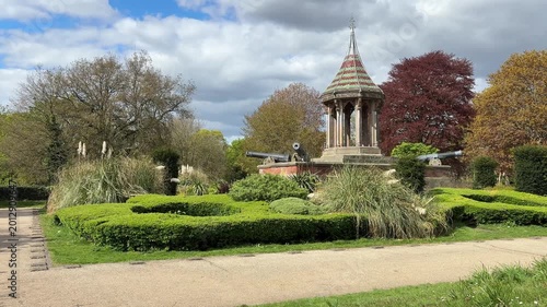 View of the Chinese Bell Tower in Nottingham Arboretum Park on Waverley Street, a historic pavilion and landmark in Nottingham, Nottinghamshire, East Midlands, England.