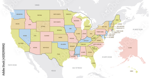 Obraz na plátně Detailed map of United States of America with administrative divisions into stat