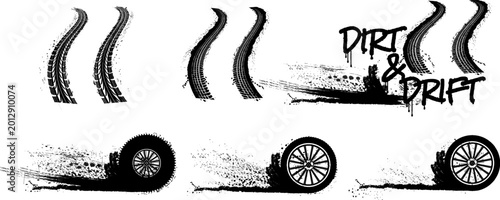 Automotive grunge elements with tire tracks wheels and dirt splatters