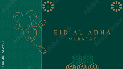 Premium Minimalist Eid Al Adha Mubarak Greeting Card - Elegant Line Art Goat Illustration on Luxury Deep Green and Bronze Background