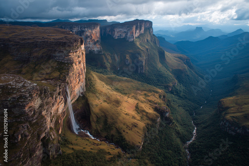 High Drone View of Chapada Diamantina Cliffs and Waterfalls Dramatic Brazil Landscape