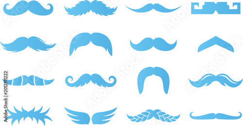 Fotografie Collection of blue cartoon mustaches and beards in various styles and shapes vector illustration
