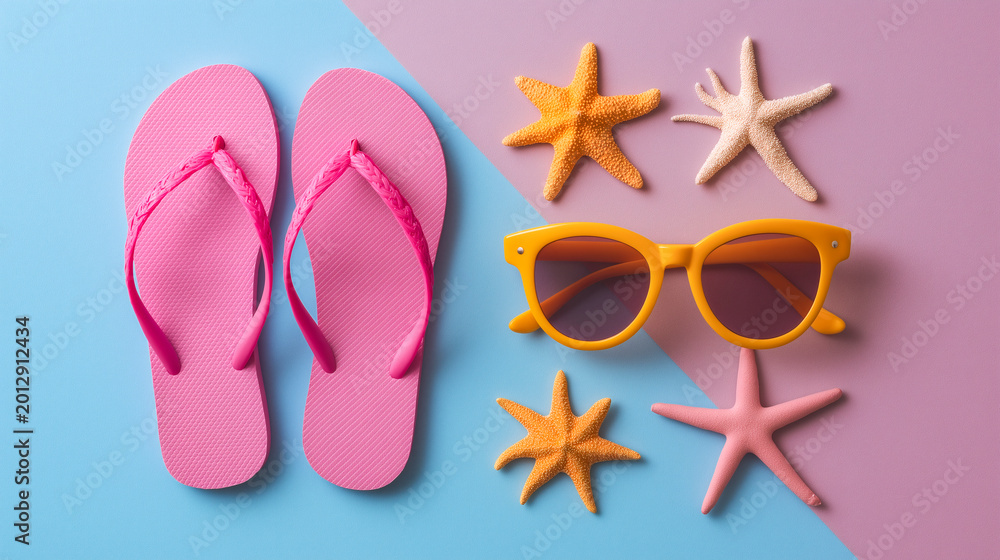 Fototapeta premium Summer Beach Flat lay with Flip Flops, Sunglasses, Starfish and Seashells on Pastel Background. Travel promotions, summer sale campaigns, social media banners, and seasonal retail advertising.