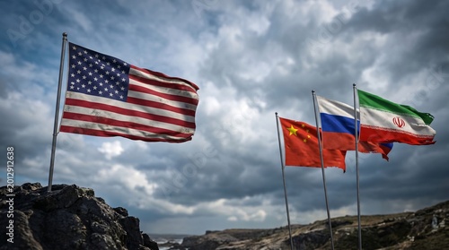 China Russia Iran Versus The USA as diplomatic flag symbols for trade partnerships and geopolitical cooperation as a summit meeting concept between Moscow Beijing and Tehran as a BRICS or alliance