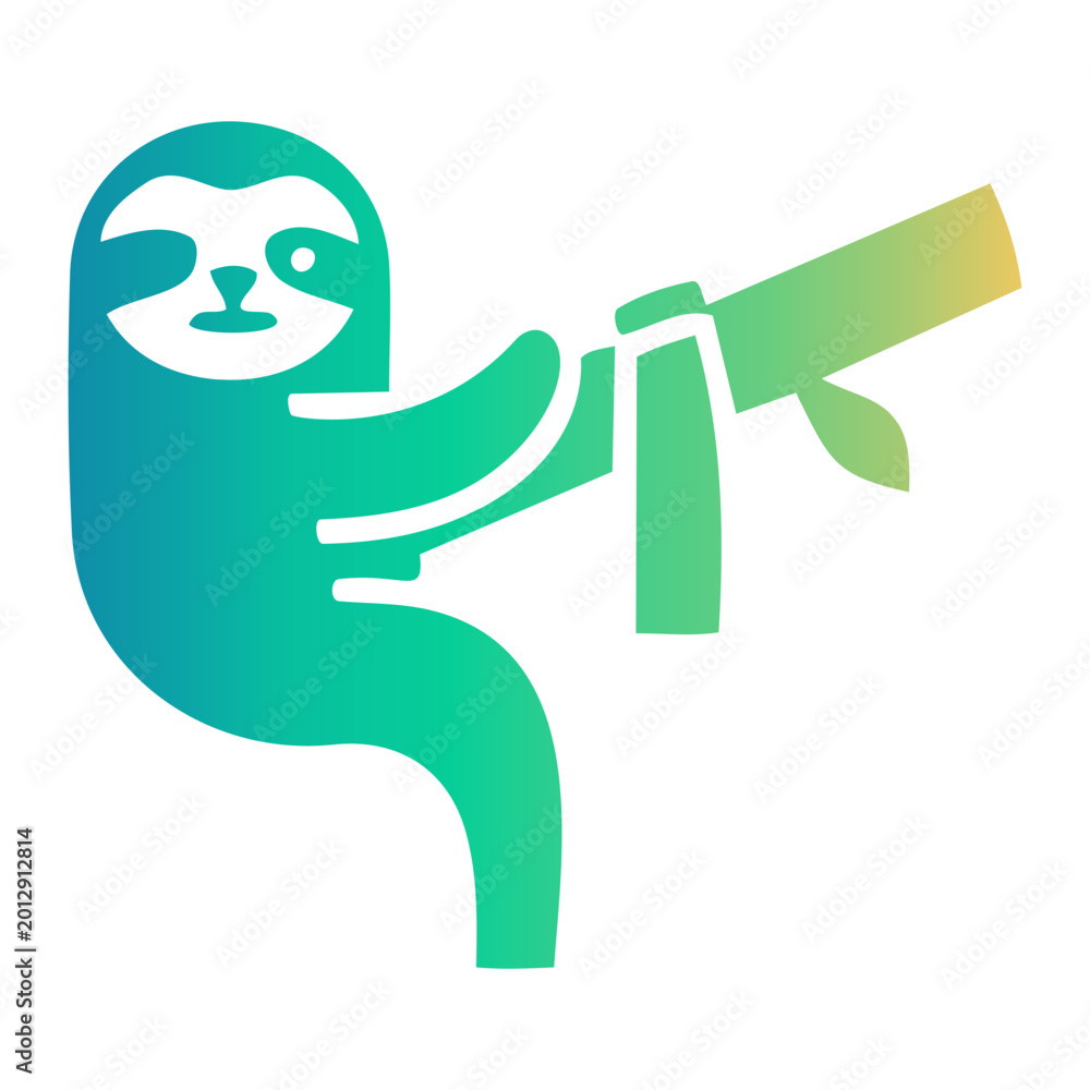 Fototapeta premium A charming tropical animal, a sloth, gazes through a telescope, symbolizing exploration and discovery in a vibrant, gradient illustration