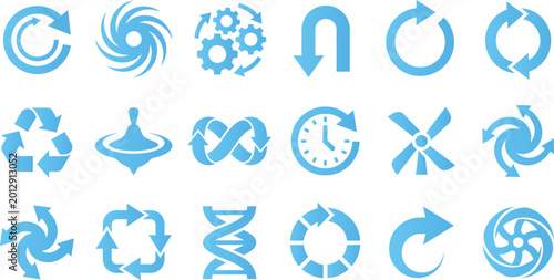Schilderij op canvas Recycle and rotation icons, circular arrows, gears, infinity loop, clock, DNA, whirlpool symbols