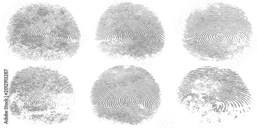 Fotografi Abstract grunge realistic human fingerprints side by side, black ink fingerprint marks on white background, forensic identification style, detailed ridge texture, minimal clean design