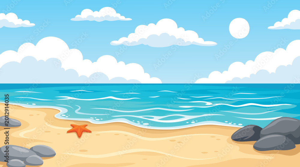 Fototapeta premium Summer beach with ocean waves and blue sky horizon