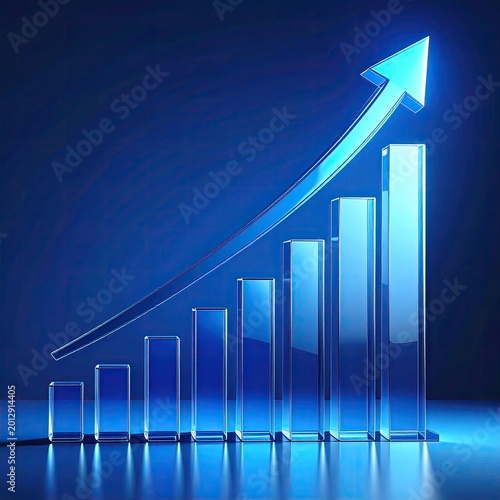 3D blue bar graph with rising arrow indicating upward trend