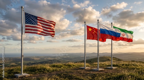 China Russia Iran Versus The USA as diplomatic flag symbols for trade partnerships and geopolitical cooperation as a summit meeting concept between Moscow Beijing and Tehran as a BRICS or alliance
