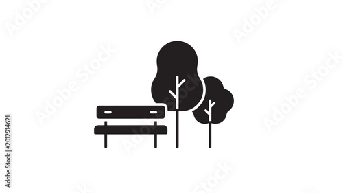 Bench park icon with trees and foliage in background featuring outdoor, seating, relaxation with nature and landscape elements for black, white