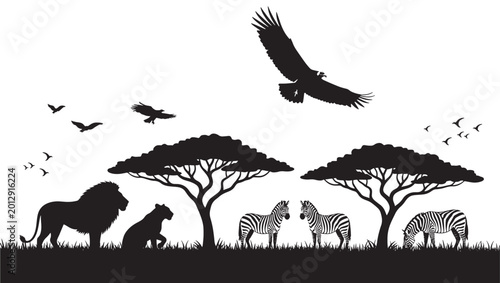 Photography Silhouette wildlife safari scene with lions and zebras under acacia trees, birds