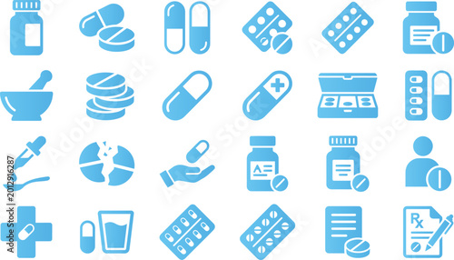 Photos Collection of blue medical icons featuring pills capsules bottles dropper and prescription symbols healthcare