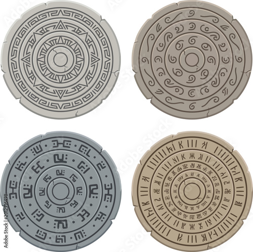 Photos Collection of four ancient stone tablets with mystical engravings, runic scripts, and decorative circular patterns
