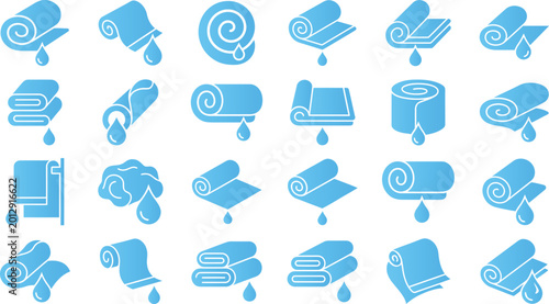 Blue towel icons showing different folding and rolling methods with water drops.