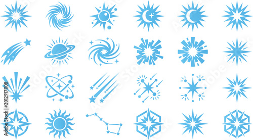 Foto Set of space and galaxy icons abstract shapes celestial bodies stars and comets symbols