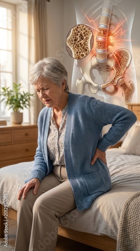Senior health fragility: painful spine, bone disease, aged suffer, medical scan, vertebrae breakdown, porous tissue, hip joint, osteoporosis condition, skeletal structure.