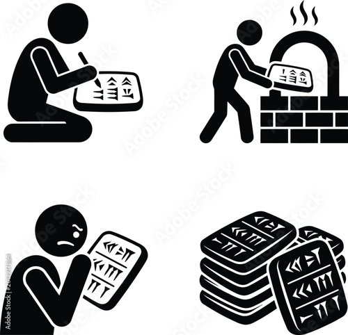 Obraz na płótnie Ancient mesopotamian cuneiform writing system icons showing scribes carving clay tablets and baking them in a kiln