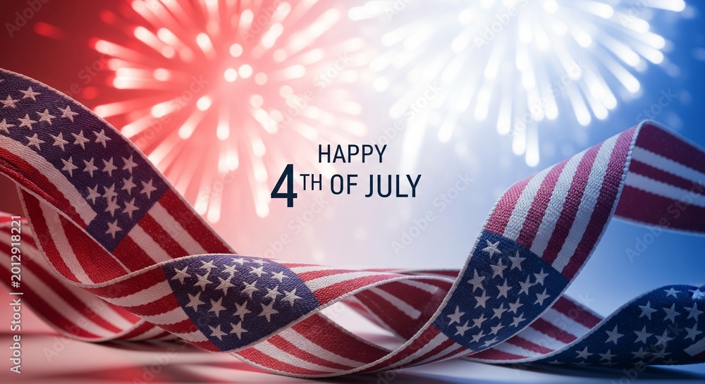 Fototapeta premium American flag ribbon curves across a background of red and blue fireworks celebrating the Fourth of July holiday with text.