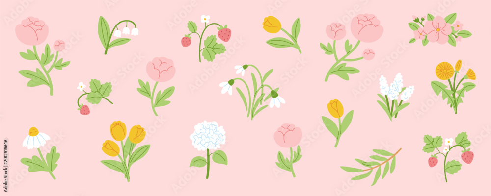 Obraz premium Flat flower set. Cartoon blooming plants collection. Vector flowers bundle.