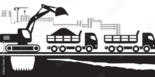 Cuadro en lienzo Earth mover loading dump trucks on construction site - vector illustration