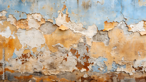 Distressed painted wall texture with peeling layers and faded colors