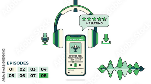 Podcast icons, audio symbols, headphones and phone vector, green sound waves