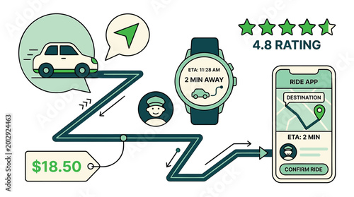 Ride sharing, taxi navigation, transportation icons, vector graphics, green theme, app design elements