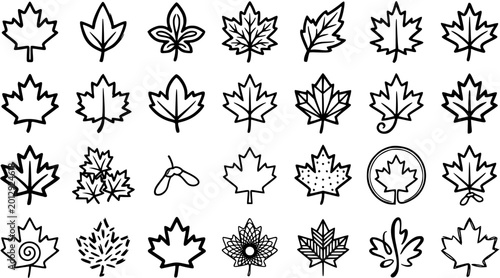 Tableau sur toile Nature and Botanical Black  White Line Art Glyph Icons: Collection of Maple Leaf and Samara Outlines for Autumn, Canadian, and Forest Designs