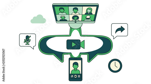 Video conference, online meeting, communication icons, remote collaboration, virtual teamwork