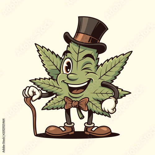 A Gentleman-Style Marijuana Leaf Mascot Character with a Top Hat
