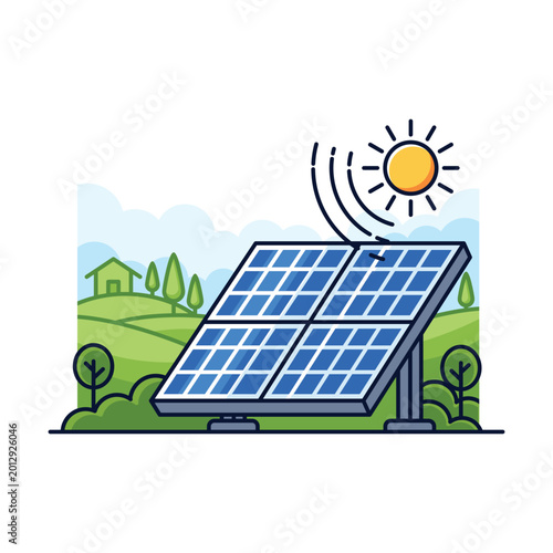 Solar Panel System in Green Hills Landscape Renewable Energy Concept