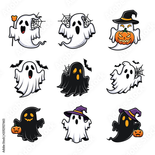 Nine cute cartoon ghosts in various poses and colors, perfect for Halloween decorations and spooky themes.