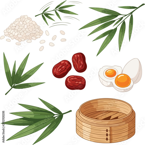 Dragon Boat Festival Zongzi Ingredients and Bamboo Steamer Vector