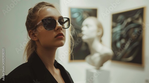 Young woman wears stylish sunglasses and looks upward. She stands in a modern art gallery with white walls. Behind her, sculpted busts and framed artworks display abstract forms